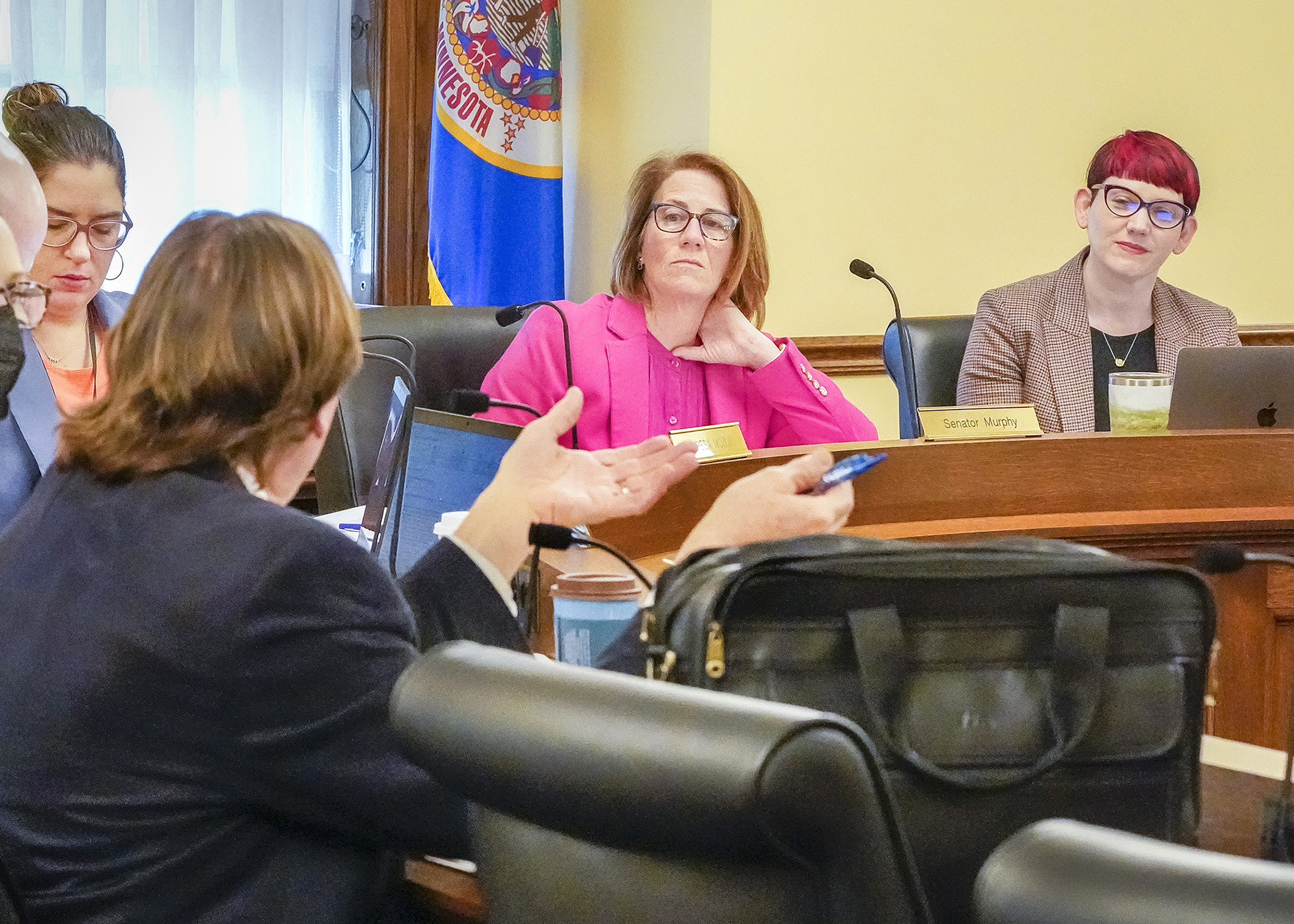 Sen. Erin Murphy and Rep. Sandra Feist listen to comments from conferees May 20 during the conference committee on SF1384 – the “Keeping Nurses at the Bedside Act.” (Photo by Andrew VonBank)